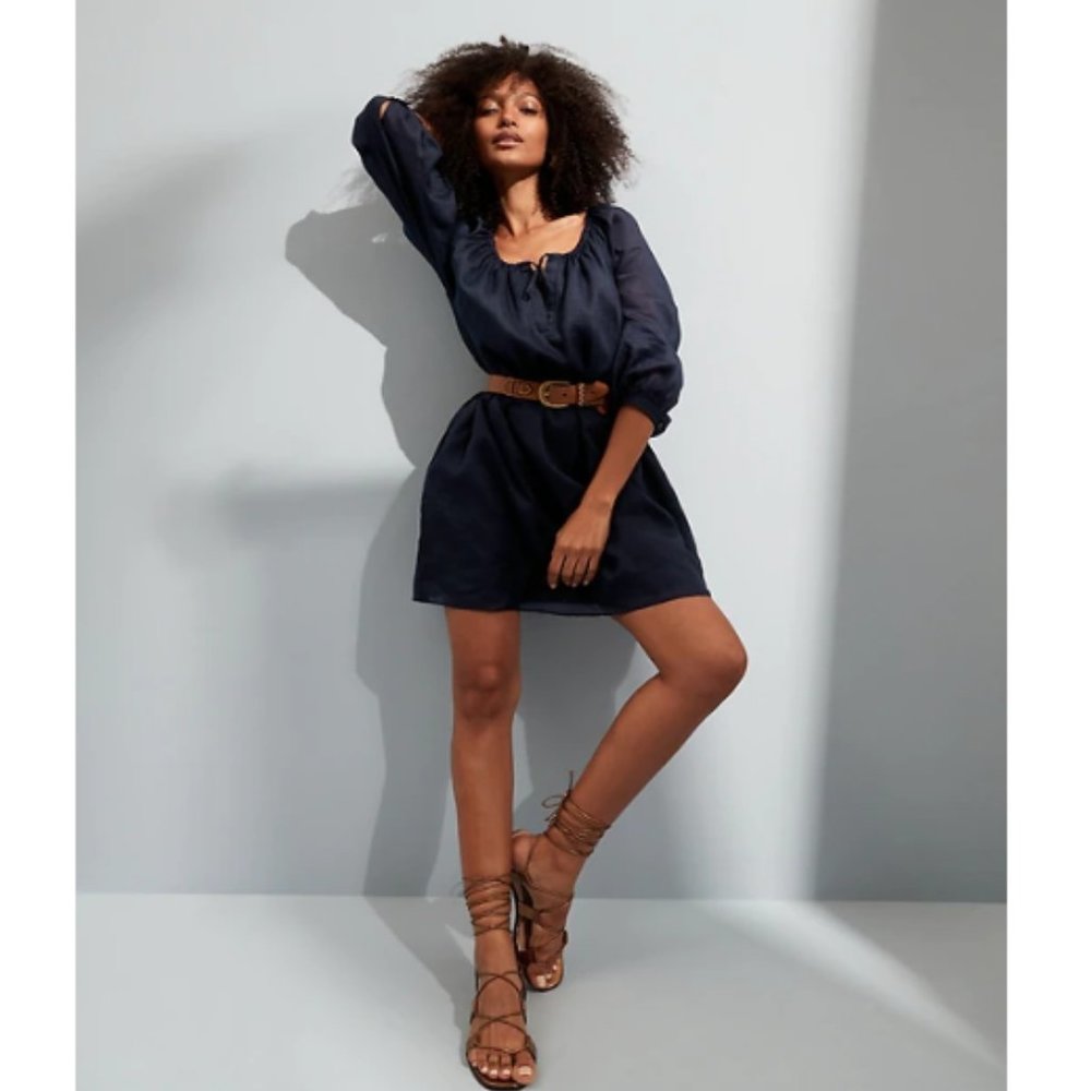 NWT BR Ramie Balloon Sleeve Dress S Navy F905